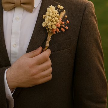 Groom wearing dried flower boutonniere with preserved blooms and jute wrap styled on brown suit for wedding outfit.