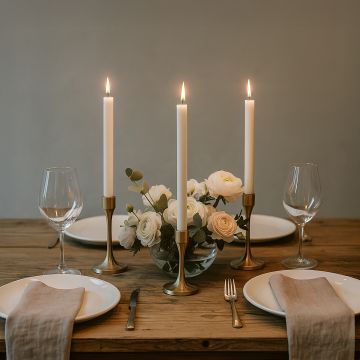 Elegant dining setup with four lit tapered candles in metal holders on a wooden table with plates glasses and soft florals creating a warm ambient scene.