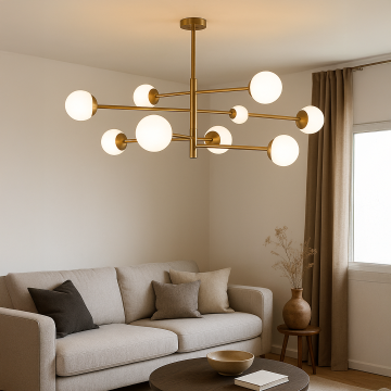 Table lamp style chandelier shown in a modern lifestyle setting with multiple frosted globes and a sleek metal frame for a warm elegant ambience.