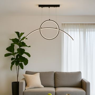 Modern gold ring chandelier showcased in a cozy living room setting offering soft LED lighting with a refined contemporary curved structure for stylish décor.