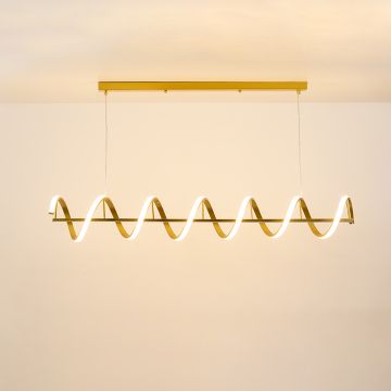 Gold linear wave chandelier in a front view against a white wall background with lights on ideal for stylish dining décor and modern ambient lighting.