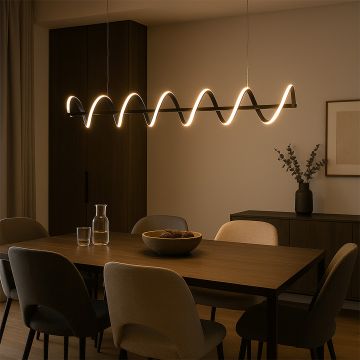 Black wave chandelier in a dining room background with lights on perfect for elegant dining décor and warm ambient lighting design.