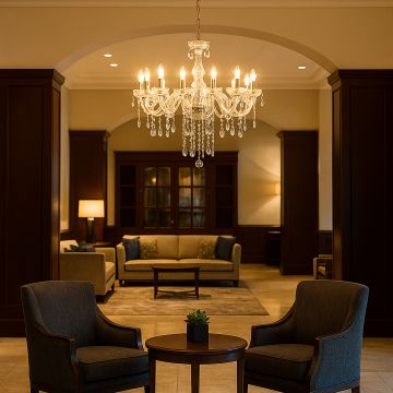 Crystal chandelier with gold accents glowing in luxury lobby interior above seating area for elegant home decor.