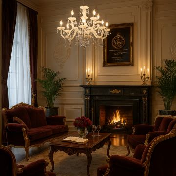 White crystal chandelier glowing warmly in luxurious living room with fireplace velvet sofa and elegant interior.