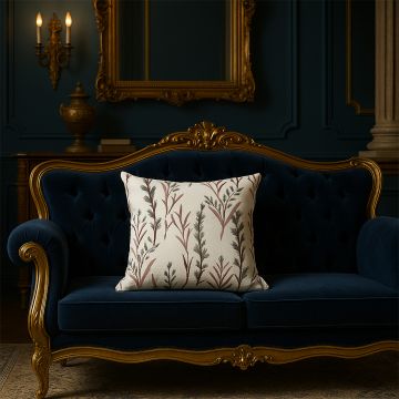 White cotton cushion cover with brown and gold leaf motifs displayed on a blue sofa enhancing luxury home décor with a soft durable and skin friendly handcrafted feel.