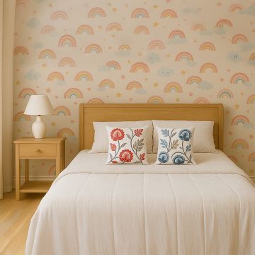 Soft cotton cushion covers in red and blue floral designs arranged on a neutral bed setting adding a bright nature inspired décor style with breathable gentle and skin friendly fabric.