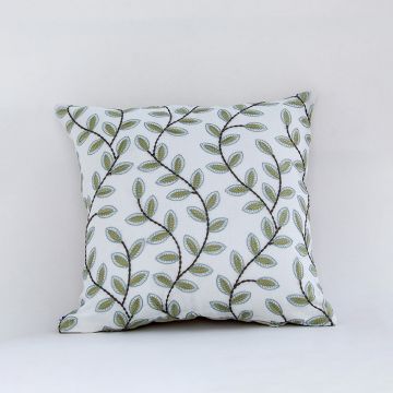 Soft cotton cushion cover with green leaf embroidery shown in front view offering a fresh nature inspired décor accent with a breathable gentle and skin friendly fabric finish ideal for modern homes.