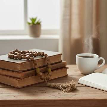 Brown bead garland placed on vintage books beside a steaming cup of coffee adding a warm and earthy touch to decor.