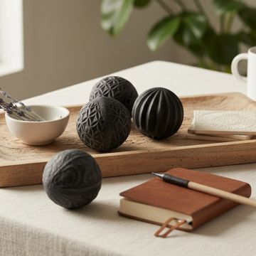 Black carved balls set styled on a wooden tray beside a notebook and ceramic bowl adding a bold accent to minimalist decor.