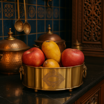 A warm lifestyle scene showing a brass fruit bowl filled with apples and mangoes placed on a dark kitchen counter with rich wooden and copper decor in the background.