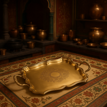 Golden decorative serving tray placed on an ornate patterned table in a traditional kitchen setting with brass utensils in the background.