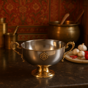 A reflective silver fruit bowl with ornate golden feet holding fresh apples and peaches displayed on a dining table with plates and flowers adding a soft lifestyle aesthetic.
