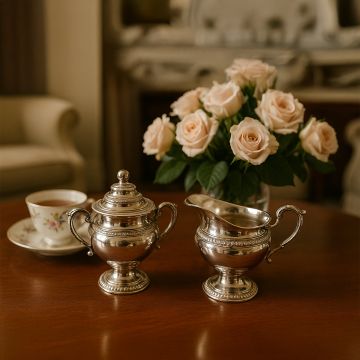 Elegant silver sugar pot and creamer set displayed on a polished wooden table in a classic living room creating a warm refined tea time ambiance.

