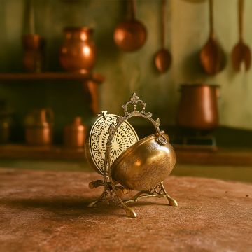 A brass swing serving bowl with ornate engraved detailing displayed on a rustic table in a vintage style kitchen setting creating a warm traditional lifestyle mood.