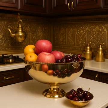 Luxurious gold pedestal fruit bowl filled with fresh apples and grapes on a white kitchen island for elegant modern home decor.