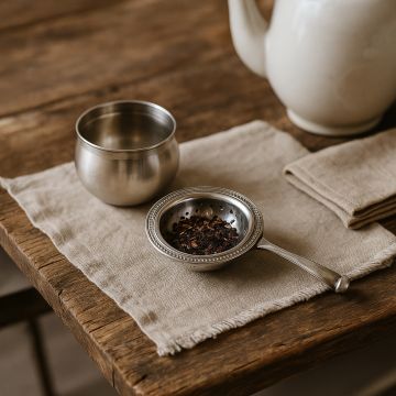 Silver plated tea strainer with tea leaves resting on a linen napkin next to a drip bowl on a rustic wooden table.