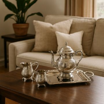 Luxurious silver plated tea set with intricate floral engraving arranged on a granite kitchen counter for elegant high tea serving.