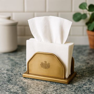 Antique gold brass napkin holder with engraved floral design holding tissues on a marble table with Indian food and naan bread.
