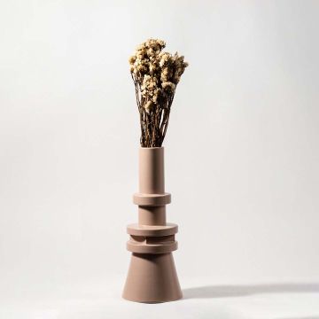 Natural beige dried flowers held in hand against a soft room setting adding rustic organic texture to modern home decor.