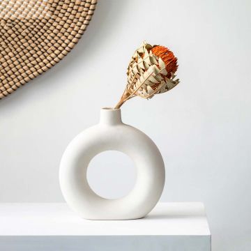 Single dried orange protea stem displayed in a simple minimal setting for organic interior decoration styling.