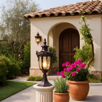 Antique brown pillar light with patterned glass adding classic elegance to outdoor decor for warm and stylish garden lighting.