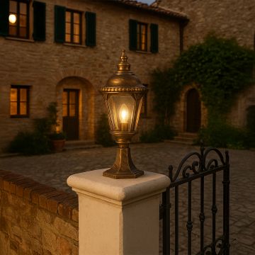 Golden pillar lamp glowing warmly at villa entrance creating elegant ambiance for outdoor gate and stylish garden lighting decor.