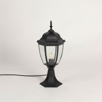 Classic black outdoor pillar lamp with clear glass panels ideal for modern garden patio balcony and driveway lighting.
