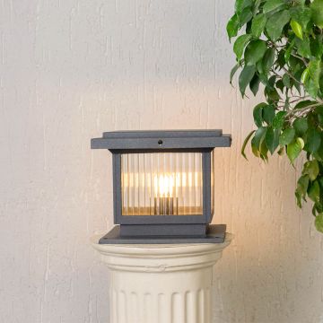 Grey outdoor pillar lamp with frosted vertical glass and strong square base perfect for patio balcony and gate decor.