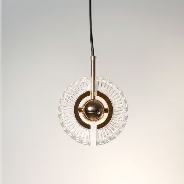 Crystal halo pendant light turned off with transparent crystal ring and gold sphere against white background for clean minimalist look.