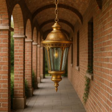 Antique gold hanging lantern light adding timeless charm and warm glow to classic home interiors.