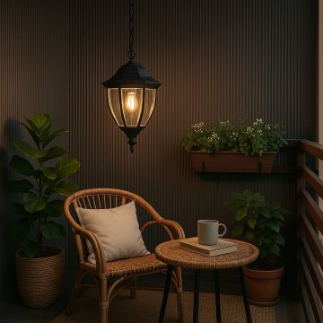 Black outdoor hanging lantern light adding timeless charm and soft glow to modern outdoor settings.