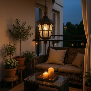 Elegant outdoor hanging lantern illuminating a cozy balcony with warm light perfect for evening ambiance and outdoor seating.
