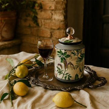 Tropical bird jar styled with lemons and wine glass on a rustic wooden table for elegant home decor.