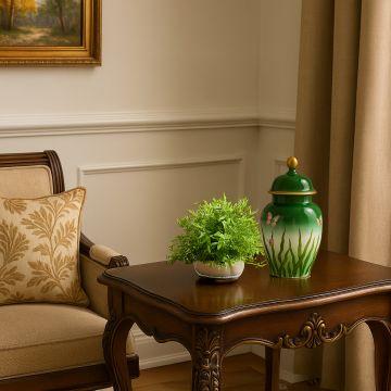 Small green and white ceramic jar with butterfly design styled on console adding natural charm to home decor.