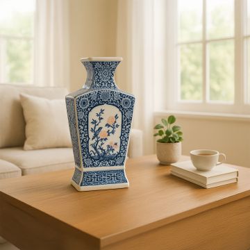 Blue and white ceramic jar with a square form and botanical panels placed on a wooden table near a window creating a graceful decorative element that enriches the room interior.