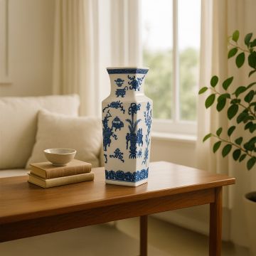 Tall blue and white ceramic jar with scenic nature motifs displayed on a wooden table beside soft furnishings adding a gentle refined decorative highlight to the cozy interior.