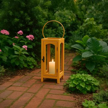 Modern blue ribbed glass pendant light turned on hanging in a contemporary dining room over a wooden table with plants and warm ambient light.