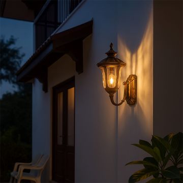 Antique gold outdoor wall lantern adding warm classic charm to exterior walls for elegant garden and porch lighting decor.