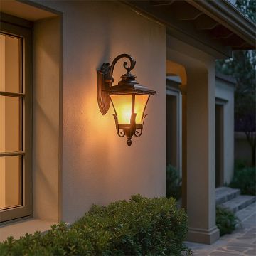 A classic outdoor wall lantern light glowing warmly at the entrance of a home with soft illumination cast on the wall and surrounding greenery during evening time.