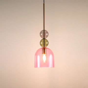 Pink glass pendant light glowing warmly on white background showcasing soft artistic lighting design.