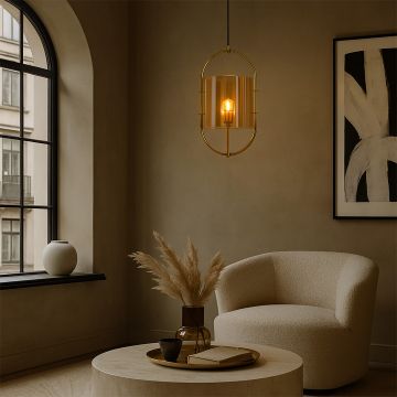 Elegant pendant light featuring a golden metal oval frame with a tinted amber glass shade bringing warmth and luxury to interiors.