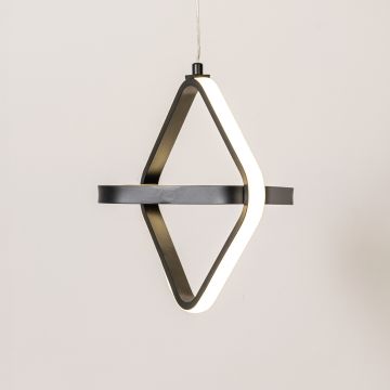 Black and white geometric LED pendant light glowing softly on white background for modern living room kitchen island decor.