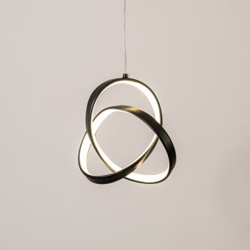 Black and white twisted LED pendant light glowing softly on white background for modern living room dining room and home decor.