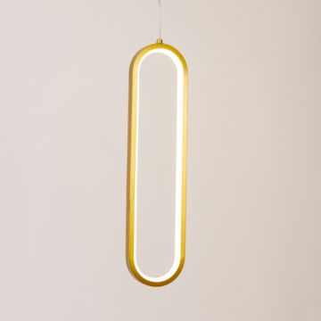 Modern metal elongated loop hanging light in gold glowing softly on white background for elegant wall decor.