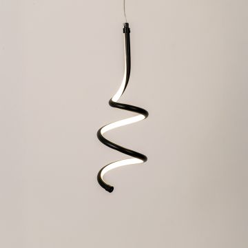 Modern black and white metal spiral hanging light glowing softly on white background for stylish home wall decor.