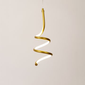 Modern gold and white metal spiral hanging light glowing softly on white background for elegant home wall decor.