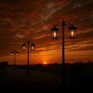 Black metal dual lantern outdoor lamp posts light on glowing warmly against a dramatic sunset sky creating elegant pathway lighting for garden driveway and landscape Decor.