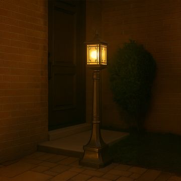 A classic outdoor post lamp glowing softly at night beside a doorway creating a warm welcoming ambience with its light on showcasing elegant architectural details.