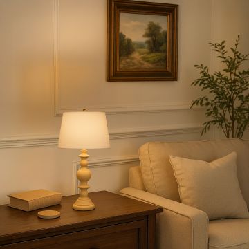 White shade gold ceramic table lamp on wooden side table with light on beside beige sofa for elegant traditional décor.
