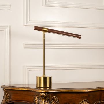 Minimalist brass and walnut wood table lamp turned off on white background showcasing elegant craftsmanship and clean modern silhouette.